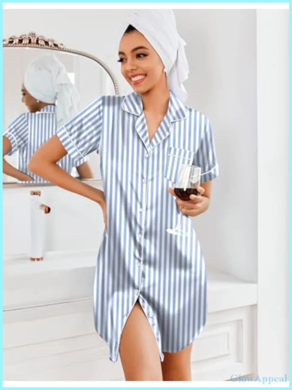 Satin Nightgown Short Sleeve Button Down Sleepshirt Women